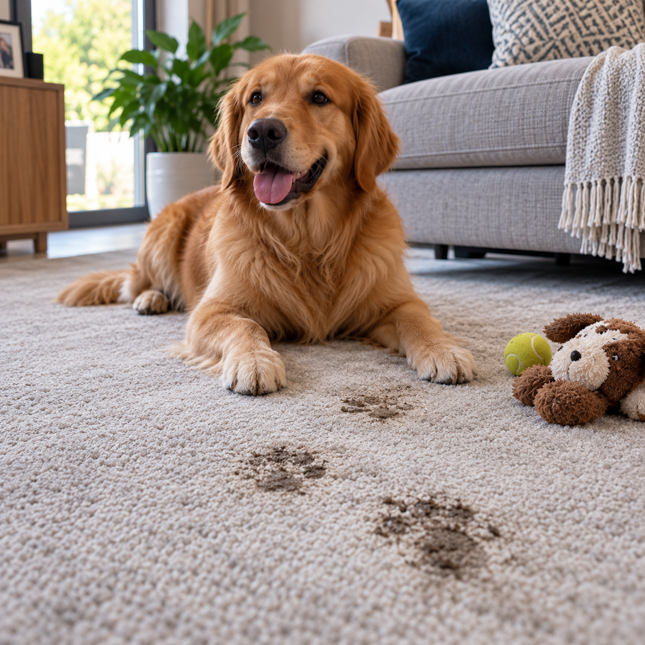Dog resting on a freshly cleaned carpet